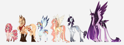 Size: 10758x3953 | Tagged: safe, artist:iheyyasyfox, derpibooru import, applejack, fluttershy, pinkie pie, rainbow dash, rarity, twilight sparkle, twilight sparkle (alicorn), alicorn, classical unicorn, earth pony, pegasus, pony, unicorn, absurd file size, absurd resolution, bandage, bandaged leg, bandaid, bandaid on nose, bandana, chest fluff, cloven hooves, coat markings, eye clipping through hair, eyebrows, eyebrows visible through hair, feathered fetlocks, female, floral head wreath, flower, food, goggles, goggles on head, height difference, hock fluff, horn, leonine tail, long feather, long legs, mane six, mare, plaid, simple background, size comparison, size difference, socks (coat marking), spread wings, sprinkles, starry wings, tail, tail feathers, tall, unshorn fetlocks, white background, wings