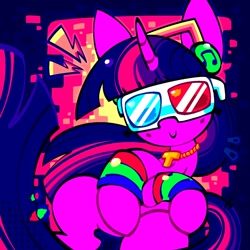 Size: 1600x1600 | Tagged: safe, artist:mihar34, derpibooru import, twilight sparkle, unicorn twilight, pony, unicorn, 3d glasses, glasses, headphones, jewelry, necklace, smiling, solo, wristband