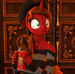 Size: 777x761 | Tagged: safe, artist:alcohors, derpibooru import, oc, oc:essy ferguson, anthro, unicorn, 3d, alcohol, beer, bottle, clothes, female, solo, sweater