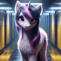 Size: 1024x1024 | Tagged: safe, ai content, machine learning generated, twilight sparkle, unicorn twilight, pony, unicorn, alternate cutie mark, bing, female, fluffy, liminal space, looking at you, mare, solo