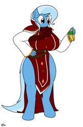 Size: 832x1280 | Tagged: safe, artist:the-furry-railfan, derpibooru import, trixie, oc, oc:isaak wolfram, anthro, unguligrade anthro, unicorn, amulet, belt, big breasts, blue hair, breasts, cape, character to character, clothes, commission, curvy, eyes on the prize, female, hand on hip, hourglass figure, huge breasts, human oc, human to anthro, jewelry, knight, male to female, mare, missing cutie mark, necklace, purple eyes, scarf, shirt, signature, simple background, smiling, solo, species swap, tabard, titsie, transformation, transformation sequence, transformed, transgender transformation, two toned mane, white background, wide hips, zecora's doorstop