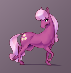 Size: 2280x2375 | Tagged: safe, artist:aquaticvibes, derpibooru import, cheerilee, earth pony, pony, g4, female, gradient background, gray background, head turn, hoers, looking back, looking to side, looking to the left, mare, side view, simple background, smiling, solo