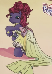 Size: 565x798 | Tagged: safe, derpibooru import, earth pony, pony, g3, alternate hairstyle, bipedal, bow, clothed ponies, clothes, dress, fizzy pop, formal wear, frilly dress, gown, hair bun, hoof heart, logo, magazine, official, rearing, shadow, underhoof, updo