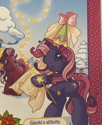 Size: 646x796 | Tagged: safe, derpibooru import, cherry blossom (g3), earth pony, pony, g3, bow, duo, fizzy pop, hat, hennin, magazine, magazine cover, magic wand, official, princess costume, snow, sparkes, stars, winter