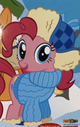 Size: 354x564 | Tagged: safe, derpibooru import, pinkie pie, earth pony, pony, g4, clothes, cute, french, fur hat, fur trim, hat, magazine, official, panini, panini kids, solo focus, sweater, winter, winter hat, winter outfit