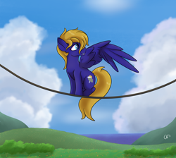 Size: 4000x3576 | Tagged: safe, artist:cloudybirb, derpibooru import, oc, oc only, oc:cloud quake, pegasus, pony, background, female, grooming, mare, preening, scenery, sitting, solo, spread wings, wings, wires