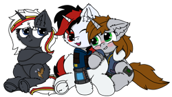 Size: 4072x2304 | Tagged: safe, artist:fliegerfausttop47, artist:twiny dust, derpibooru import, oc, oc only, oc:blackjack, oc:littlepip, oc:velvet remedy, unicorn, fallout equestria, fallout equestria: project horizons, 2024 community collab, clothes, derpibooru community collaboration, fanfic art, female, jumpsuit, mare, pipbuck, security vault suit, simple background, transparent background, vault suit