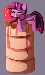 Size: 2104x3524 | Tagged: safe, artist:sakukitty, derpibooru import, twilight sparkle, twilight sparkle (alicorn), alicorn, pony, g4, blush sticker, blushing, cute, eating, eyebrows, eyebrows visible through hair, eyes closed, female, folded wings, food, giant food, gray background, high res, horn, mare, mouth hold, pancakes, simple background, solo, strawberry, twiabetes, wings