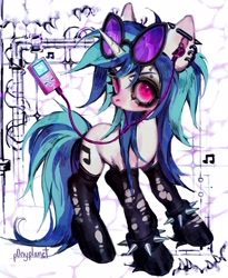 Size: 1680x2048 | Tagged: safe, artist:p0nyplanet, derpibooru import, dj pon-3, vinyl scratch, pony, unicorn, g4, abstract background, clothes, ear piercing, earbuds, earring, eyebrow piercing, female, heart, industrial piercing, jewelry, latex, latex socks, latex stockings, looking at you, mare, mp3 player, music notes, piercing, punk, signature, socks, solo, spiked wristband, stockings, thigh highs, vinyl's glasses, wristband