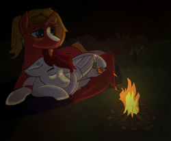 Size: 1989x1636 | Tagged: safe, artist:owslafa, derpibooru import, oc, oc:heartsease, oc:triage, pegasus, unicorn, campfire, couple, gay, male