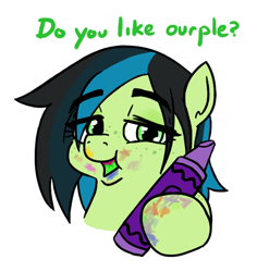 Size: 594x630 | Tagged: safe, artist:jargon scott, derpibooru import, oc, oc only, oc:anonogee, pegasus, pony, bust, crayon, eating, eyebrows, eyebrows visible through hair, female, filly, foal, freckles, hoof hold, looking at you, magical lesbian spawn, offspring, ourple, parent:oc:apogee, parent:oc:filly anon, parents:oc x oc, puffy cheeks, simple background, solo, talking to viewer, white background