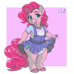 Size: 1800x1800 | Tagged: safe, artist:stargal galexi, derpibooru import, pinkie pie, anthro, earth pony, unguligrade anthro, g4, candy, candy necklace, chest fluff, clothes, diaper, diaper fetish, dress, dress lift, ear fluff, ears, female, fetish, food, jewelry, mare, necklace, non-baby in diaper, pinafore, pinafore dress, poofy diaper, ring pop, shirt, simple background, solo, unshorn fetlocks