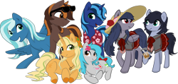 Size: 1832x870 | Tagged: safe, artist:elisdoominika, artist:the luna fan, derpibooru exclusive, derpibooru import, oc, oc only, oc:amber clementine, oc:fahu, oc:haisuu gaku, oc:sweet elis, oc:the luna fan, oc:thinker blue, oc:yasei urami, earth pony, pegasus, unicorn, .svg available, 2024 community collab, alcohol, bubble tea, clothes, cocktail, cocktail umbrella, collar, derpibooru community collaboration, drink, earth pony oc, flower, glasses, hat, hawaiian shirt, horn, peace sign, pegasus oc, school uniform, shirt, simple background, sunglasses, svg, transparent background, unicorn oc, vector