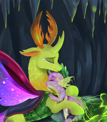 Size: 1789x2042 | Tagged: safe, artist:darksly, derpibooru import, spike, thorax, changedling, changeling, dragon, g4, alternate timeline, changeling hive, clothes, commission, crying, curved horn, cute, digital art, eyes closed, glowing, horn, horns, hug, king thorax, looking at each other, looking at someone, male, sad, scales, see-through, signature, sleeping, sparkles, spread wings, teary eyes, thorabetes, wings, worried
