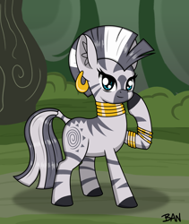 Size: 1412x1675 | Tagged: safe, artist:banquo0, derpibooru import, zecora, zebra, g4, ear piercing, earring, female, hoof on chin, jewelry, looking at you, neck rings, piercing, raised hoof, raised leg, smiling, solo