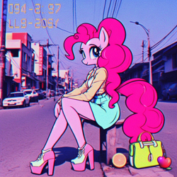 Size: 1024x1024 | Tagged: safe, ai content, derpibooru import, machine learning generated, pinkie pie, anthro, g4, aesthetics, apple, bag, building, car, city, clothes, cute, fading, female, food, handbag, high heels, irl, looking at you, nostalgia, orange, photo, power line, prompter:horselover fat, realistic, retro, retrowave, shoes, sitting, solo, street, timestamp, vhs, wholesome