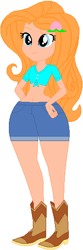 Size: 187x562 | Tagged: safe, artist:sturk-fontaine, derpibooru import, oc, oc only, oc:peach blossom, human, equestria girls, g4, base used, boots, child bearing hips, clothes, cowboy boots, front knot midriff, hairclip, hand on hip, midriff, shirt, shoes, simple background, thighs, thunder thighs, white background, wide hips
