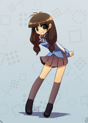 Size: 2508x3528 | Tagged: safe, artist:howxu, derpibooru import, oc, oc only, oc:macdolia, human, clothes, female, humanized, humanized oc, looking at you, pigtails, remake, school uniform, simple background, smiling, smiling at you, starswirl academy, starswirl academy uniform