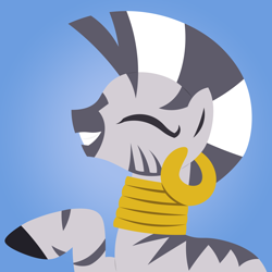 Size: 5000x5000 | Tagged: safe, artist:egor418, derpibooru import, zecora, zebra, g4, absurd resolution, blue background, eyes closed, female, gold, gradient background, happy, high res, jewelry, mare, raised hoof, raised leg, simple background, smiling, solo, teeth