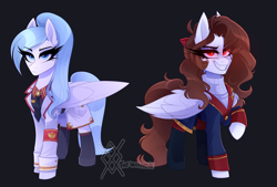 Size: 2677x1814 | Tagged: safe, artist:thewandie, derpibooru import, oc, oc:melancholy, oc:opal rosamond, pegasus, pony, clothes, commission, female, glowing, glowing eyes, high res, mare, red eyes