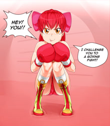 Size: 904x1031 | Tagged: safe, artist:pugilismx, derpibooru import, apple bloom, human, g4, boxing gloves, humanized, looking at you, solo, speech bubble, squatting, talking to viewer