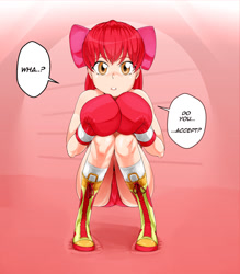 Size: 904x1031 | Tagged: safe, artist:pugilismx, derpibooru import, apple bloom, human, g4, boxing gloves, humanized, looking at you, solo, speech bubble, squatting, talking to viewer