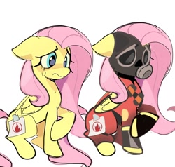 Size: 1080x1028 | Tagged: safe, artist:yen00280, derpibooru import, fluttershy, pegasus, pony, g4, fake cutie mark, female, flutterpyro, mare, nervous, pyro, simple background, solo, team fortress 2, white background