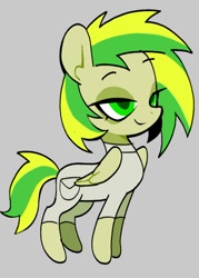 Size: 1080x1506 | Tagged: safe, artist:yen00280, derpibooru import, oc, oc only, oc:wooden toaster, pegasus, pony, gray background, green eyes, green mane, simple background, smiling, solo