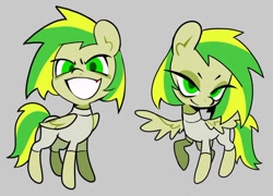 Size: 958x689 | Tagged: safe, artist:yen00280, derpibooru import, oc, oc:wooden toaster, pegasus, gray background, green eyes, green mane, grin, simple background, smiling, solo, teeth