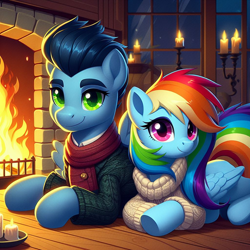 Size: 1024x1024 | Tagged: safe, ai content, derpibooru import, generator:bing image creator, machine learning generated, rainbow dash, soarin', g4, candle, clothes, female, fireplace, lying down, male, prompter:*rainbow dash*, shipping, soarindash, straight, sweater, window