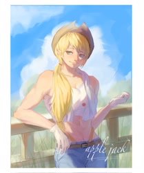 Size: 1715x2048 | Tagged: safe, artist:wapian233, derpibooru import, applejack, human, g4, clothes, denim, elf ears, female, gloves, humanized, jeans, midriff, pants, solo