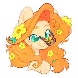 Size: 1213x1213 | Tagged: safe, artist:zubastyypersik, derpibooru import, pear butter, butterfly, earth pony, pony, g4, bust, buttercup, butterfly on nose, colored pupils, cute, female, flower, flower in hair, insect on nose, mare, pearabetes, simple background, smiling, solo, white background