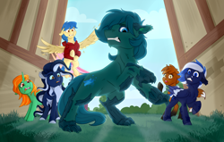 Size: 3000x1902 | Tagged: safe, artist:rutkotka, derpibooru import, oc, oc:courage fire, oc:emerald isle, oc:equalizer, oc:halwende, oc:poison trail, oc:starlight twist, earth pony, original species, pegasus, pony, timber pony, timber wolf, unicorn, friends, scared, shocked, species swap, timber wolfified, transformation