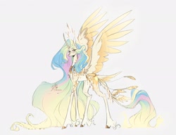 Size: 2048x1570 | Tagged: safe, artist:iheyyasyfox, derpibooru import, princess celestia, alicorn, pony, g4, concave belly, female, leonine tail, long feather, long legs, looking at you, mare, simple background, slender, solo, spread wings, tail, tail feathers, tall, thin, white background, wings