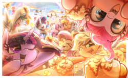 Size: 4000x2444 | Tagged: safe, artist:phoenixrk49, derpibooru import, applejack, berry punch, berryshine, bon bon, carrot top, cherry berry, daisy, derpy hooves, fleetfoot, flower wishes, fluttershy, golden harvest, lily, lily valley, lyra heartstrings, minuette, pinkie pie, rainbow dash, rarity, roseluck, screwball, soarin', spitfire, starlight glimmer, sunset shimmer, sweetie drops, trixie, twilight sparkle, twinkleshine, earth pony, pegasus, pony, unicorn, g4, book, cheek squish, cider, cider mug, clothes, counterparts, element of generosity, element of honesty, element of kindness, element of laughter, element of loyalty, element of magic, elements of harmony, equal cutie mark, eye clipping through hair, eyebrows, eyebrows visible through hair, eyes closed, fake cutie mark, female, flower trio, high res, hot air balloon, looking at you, male, mane six, mare, mug, one eye closed, open mouth, open smile, s5 starlight, smiling, smiling at you, squishy cheeks, stallion, twilight's counterparts, uniform, wonderbolts, wonderbolts uniform