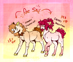 Size: 1280x1086 | Tagged: safe, artist:ayartzramen, artist:kinda-lost, derpibooru import, oc, oc only, oc:cherry marzipan, oc:hammy sandwich, earth pony, pony, bowtie, brother and sister, duo, female, gradient background, male, offspring, parent:cheese sandwich, parent:pinkie pie, parents:cheesepie, siblings, text