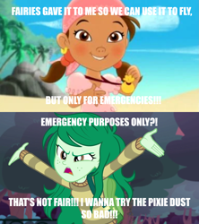 Size: 5600x6300 | Tagged: safe, artist:brokenadam, derpibooru import, screencap, wallflower blush, better together, equestria girls, forgotten friendship, angry, caption, clothes, green hair, image macro, impact font, izzy (jake and the never land pirates), jake and the never land pirates, meme, pixie dust, sweater, tan skin, text