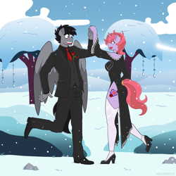 Size: 2048x2048 | Tagged: safe, artist:shallowwin, derpibooru import, oc, oc only, anthro, pegasus, unicorn, anthro oc, background, clothes, commission, dancing, dress, female, high heels, male, mare, oc x oc, pegasus oc, shipping, shoes, snow, snowfall, stallion, stockings, thigh highs, tuxedo