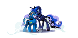 Size: 5000x2480 | Tagged: safe, artist:dormin-dim, derpibooru import, princess luna, oc, oc:moon rise, alicorn, pony, unicorn, g4, canon x oc, commission, crown, ethereal mane, female, glasses, horn, jewelry, kissing, male, mare, regalia, simple background, stallion, starry mane, transparent background, unicorn oc, wings, ych result