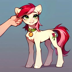 Size: 4096x4096 | Tagged: safe, ai content, derpibooru import, generator:purplesmart.ai, generator:stable diffusion, machine learning generated, roseluck, human, pony, g4, behaving like a cat, collar, concave belly, cute, ear scratch, fit, fluffy, gradient background, hand, offscreen character, offscreen human, pet tag, pony pet, prompter:doom9454, rosepet, slender, standing, thin