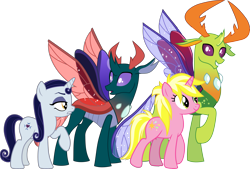 Size: 4321x2927 | Tagged: safe, artist:cloudy glow, artist:frownfactory, artist:lightningbolt, derpibooru exclusive, derpibooru import, edit, moonlight raven, pharynx, sunshine smiles, thorax, changedling, changeling, pony, unicorn, canterlot boutique, g4, to change a changeling, .ai available, .svg available, antlers, brothers, crack shipping, curved horn, double date, duo, duo male and female, female, green coat, grin, happy, high res, horn, horns, insect wings, king thorax, looking at you, male, mare, prince pharynx, purple eyes, raised hoof, raised leg, red wings, ship:ravenpharynx, ship:sunshinerax, shipping, show accurate, siblings, simple background, sisters, smiling, spread wings, standing, straight, svg, transparent background, transparent wings, vector, vector edit, wings
