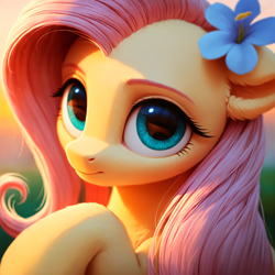 Size: 3072x3072 | Tagged: safe, ai content, derpibooru import, generator:pony diffusion v6 xl, generator:stable diffusion, machine learning generated, fluttershy, pegasus, pony, g4, backlighting, blurry background, closed mouth, cute, ears, female, floppy ears, flower, flower in hair, fluffy, hair ornament, happy, looking at you, mare, nature, outdoors, prompter:adorablebluefox, shyabetes, sitting, smiling, solo, stare