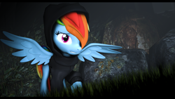 Size: 3840x2160 | Tagged: safe, artist:abitofjoy, derpibooru import, rainbow dash, pegasus, pony, g4, 3d, clothes, forest, forest background, hoodie, nature, solo, source filmmaker, tree