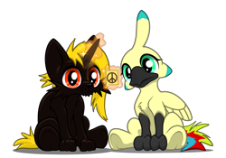 Size: 3348x2340 | Tagged: safe, artist:oddwarg, derpibooru import, oc, oc only, oc:melinda kvernbitt, oc:sulphur nimbus, classical hippogriff, dog, hippogriff, hybrid, pony, unicorn, 2024 community collab, derpibooru community collaboration, female, looking at you, magic, multicolored tail, note, peace symbol, simple background, sulphur nimbus, tail, telekinesis, transparent background