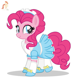 Size: 2288x2288 | Tagged: safe, artist:r4hucksake, derpibooru import, pinkie pie, earth pony, pony, g4, alternate hairstyle, base used, bow, clothes, cute, diapinkes, dress, eyeshadow, female, high res, looking at you, maid, maid headdress, makeup, mare, pinkie maid, shoes, simple background, smiling, smiling at you, socks, solo, transparent background