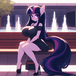 Size: 1024x1024 | Tagged: safe, ai content, derpibooru import, machine learning generated, twilight sparkle, anthro, unicorn, g4, adorasexy, beautiful, bench, big breasts, blushing, breasts, clothes, curvy, cute, dress, female, fountain, headlight sparkle, high heels, huge breasts, looking at you, park bench, petite, prompter:horselover fat, purse, sexy, shoes, sitting, solo, tree