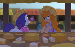 Size: 4022x2554 | Tagged: safe, artist:carnifex, derpibooru import, rarity, pony, unicorn, cheese, cheese hat, chip and dale rescue rangers, clothes, crisis equestria, festival, food, gadget hackwrench, hat, market, ponified, scarf, species swap