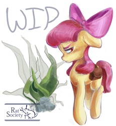 Size: 2464x2672 | Tagged: safe, artist:ratsociety, derpibooru import, apple bloom, earth pony, pony, g4, bag, female, filly, foal, plant, pouting, saddle bag, simple background, solo, text, white background, wip