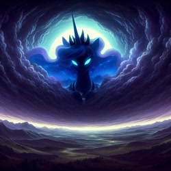 Size: 1024x1024 | Tagged: safe, ai content, derpibooru import, generator:bing image creator, machine learning generated, princess luna, alicorn, pony, g4, cloud, cloudy, crown, field, giant pony, glowing, glowing eyes, horizon, jewelry, looking down, macro, prompter:montaraz13, regalia, sky, solo, translucent mane, valley