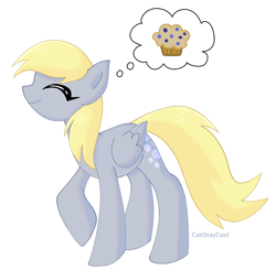 Size: 3439x3365 | Tagged: safe, artist:cattstaycool, derpibooru import, blue october, blueberry muffin, derpy hooves, g4, blueberry muffin (food), food, happy, muffin, simple background, solo, that pony sure does love muffins, thought bubble, white background